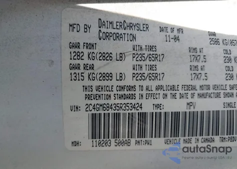 2005 Chrysler Pacifica Touring из США, поврежденный, VIN 2C4GM68435R353424